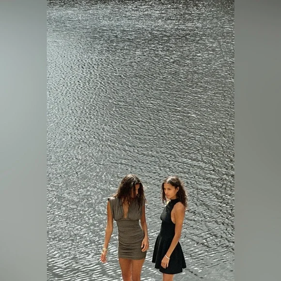 Zara NWT Khaki Olive Green Plunge Neck Ruched Shoulder Pad Mini Dress (Small) - Picture 7 of 12